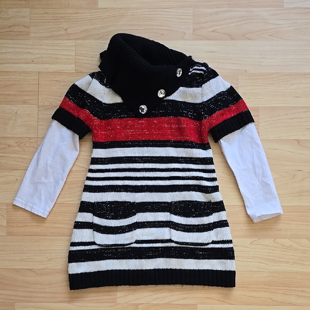 Young Hearts Baby Girls Striped Knitted Black/Red/White Sweater Dress Size 24M
